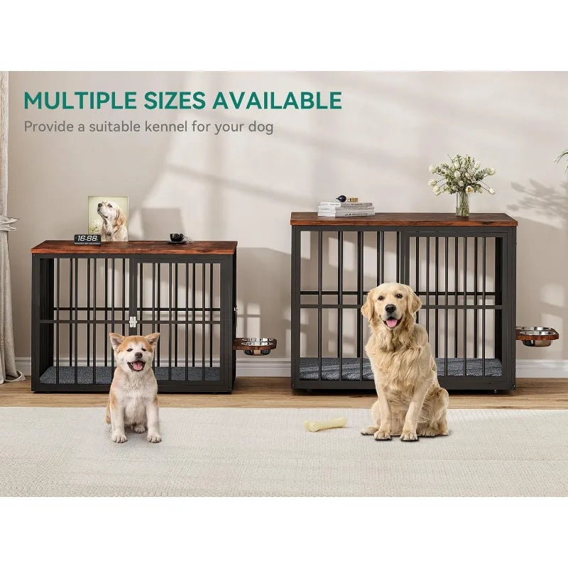 Large Corner Dog Crate Furniture for 2 Dogs 4 Combination Forms Wooden Dog Kennel Dog Bowls & 3 Doors Furniture TV Stand