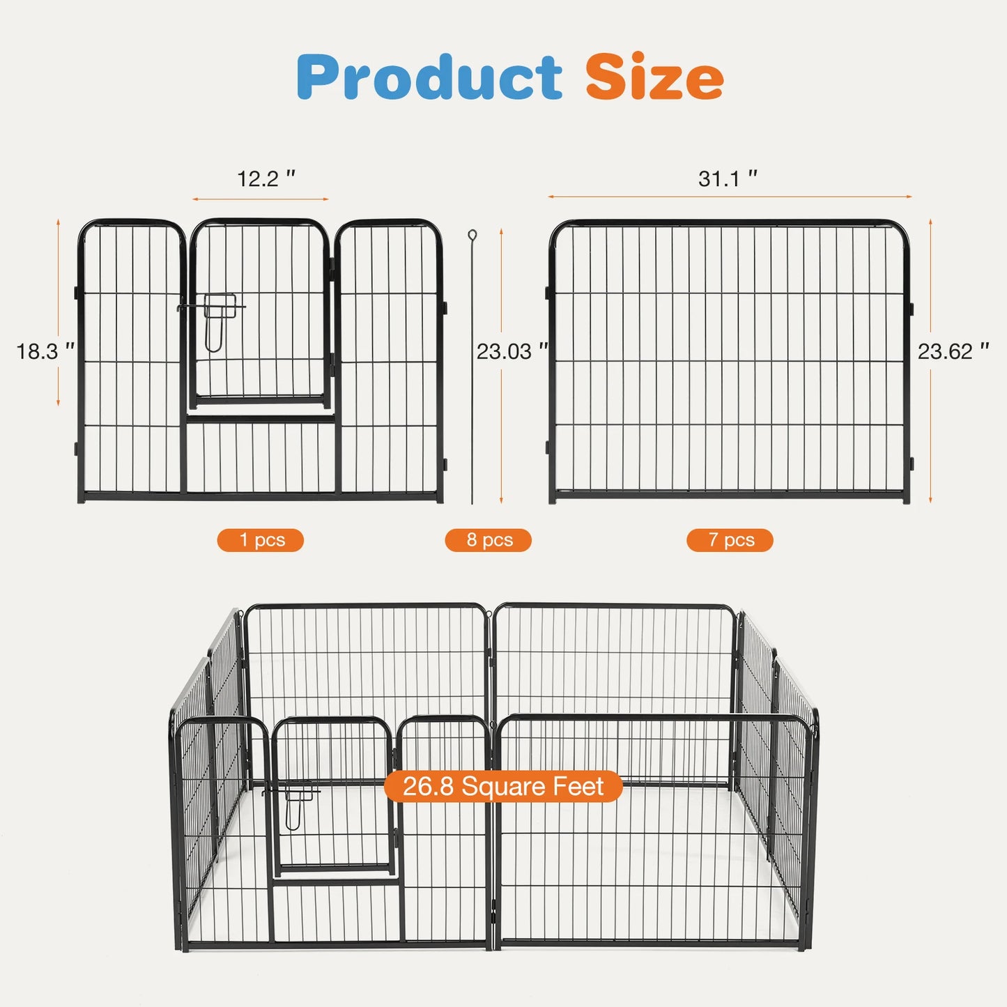 JHK 8 Panel Dog Playpen Indoor Pet Fence Exercise for Yard Gate Heavy Duty Crates with Doors Metal Dog Pen for Camping Outdoor