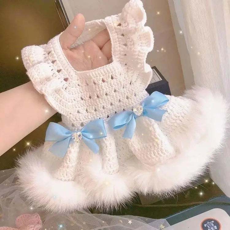 Cat and Dog Dress Autumn Winter Princess Dress Pink Blue Bow Hollow Out Sweater Dress  Fashion Two Legged Pet Clothing