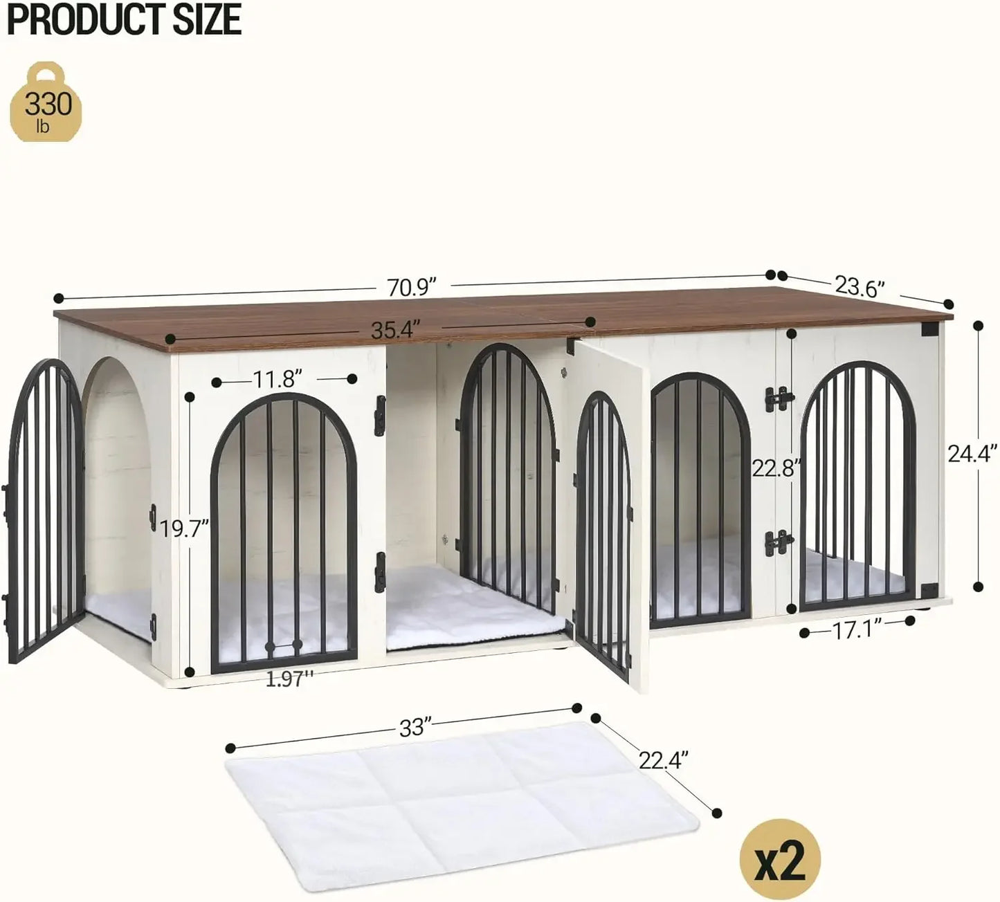 71" Heavy Duty Dog Kennels with Divider, Anti-Chew Anti-Escape, White Brown