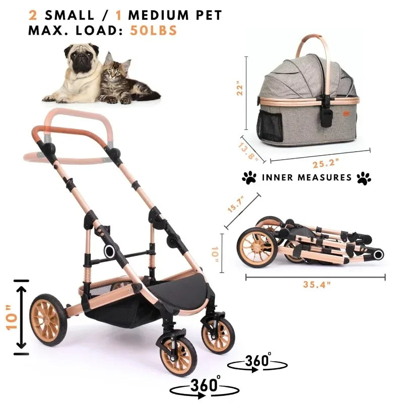 Pet Stroller with 4 Wheels Foldable Pet Travel Carrier for Small/Medium Dogs Cats up to 50lbs Detachble Portable Pet Bag