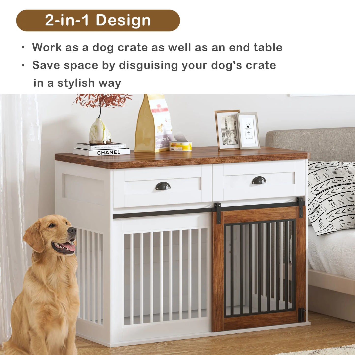 Heavy Duty Furniture Style Dog Crate Two Separate Drawers Large Storage Space Thicken Desktop Wooden Double Door Sideboard