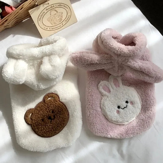 Winter Plush Sweet Rabbit Dog Hoodies Fleece Warm Pet Dog Clothes Pink Hoodied Coats For Samll DogsTerrier Costumes Perro