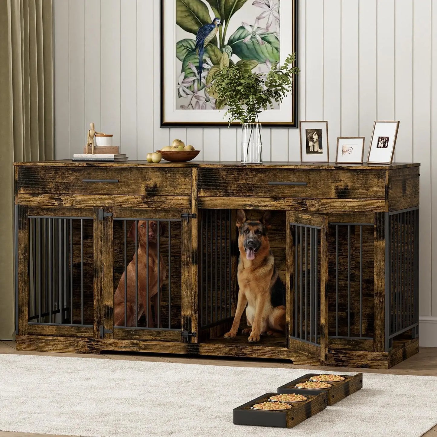 72" Dog Crate Furniture for 2 Dogs, Large Dog Kennel Furniture with 2 Storage Drawer and Removable Divider, Wooden Dog