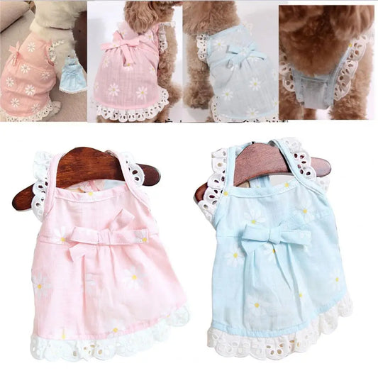 Summer Pet Princess Dress Lace Edge Bow Tie Floral Embroidery Sling Cat Puppy Kitty Clothes Small Medium Dog Skirt for Outdoor