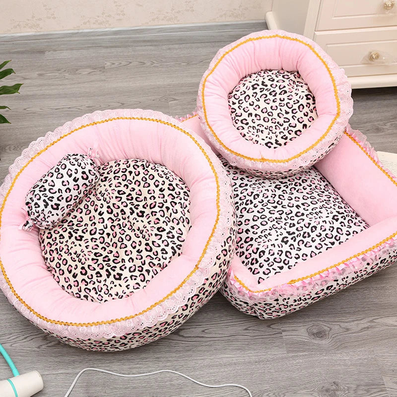 Korea Style Princess Dog Cat Bed Pink Leopard Pet House Sleeping Bag Dog Bed With Pillow Puppy Cushion Kennel Sofa Cama Perro