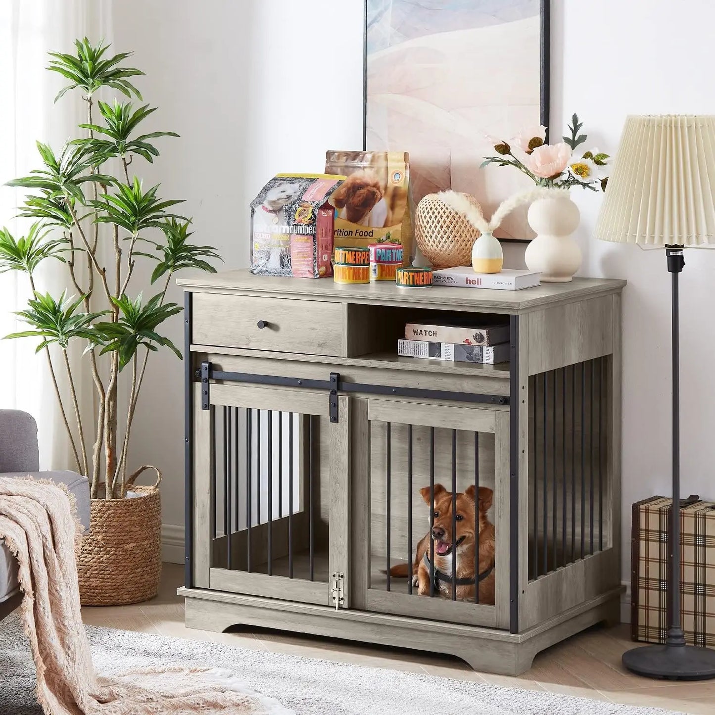 Dog Crate, Wooden Dog Kennel End Table with Drawer and Storage with Sliding Barn Door, Easy Installation, Dog Crate Indoor