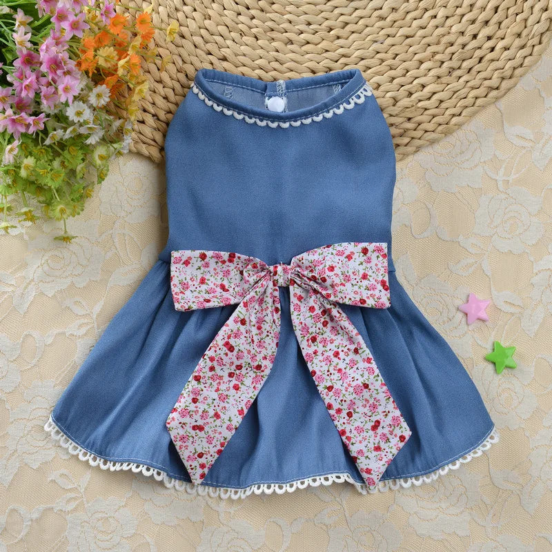 Denim Princess Skirt Comfortable Dog Dress Jeans Lace Pet Dresses for Summer Wear Elegant Bowknot Puppy Clothes Robe Pour Chien