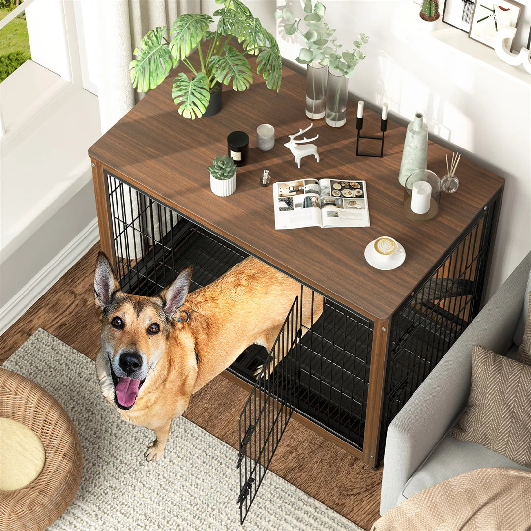 High-end Dog Crate Wooden Pet Kennel Cage End Table Indoor Furniture Brown Cage