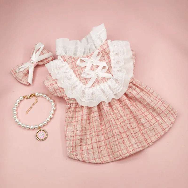 INS Pet Dog Plaid Dress with Hair Clip Cute Necklace Set Cat Clothes Spring Autumn Niche Lace Dress Dog Clothes for Small Dogs