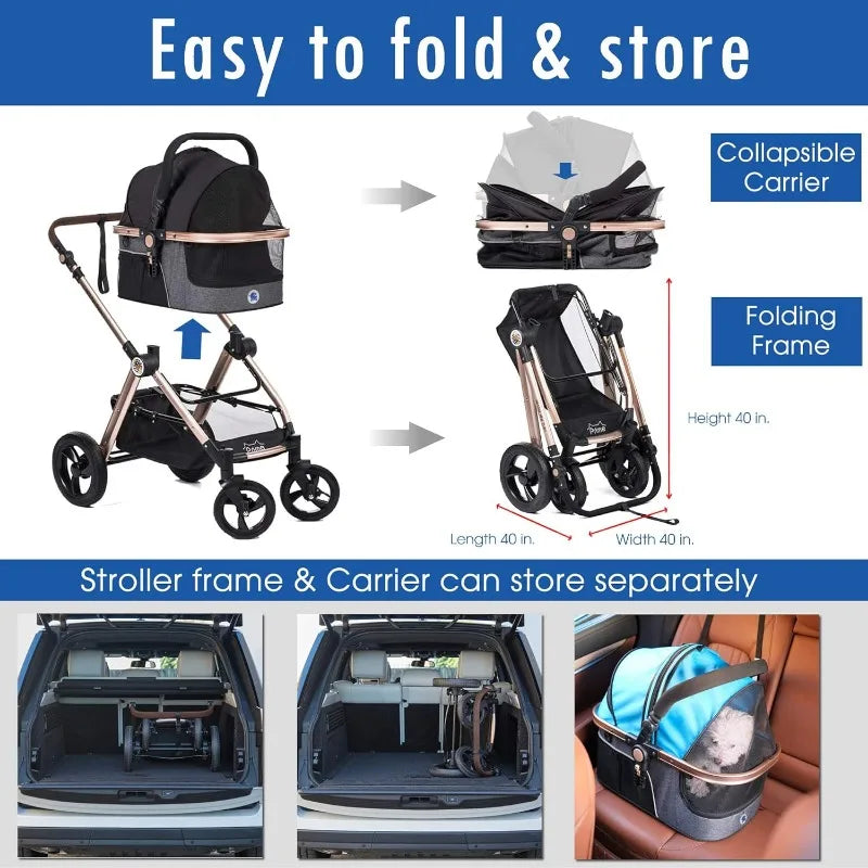 Prime 3-in-1 Luxury Dog/Cat Stroller Travel Carrier Car Seat +Stroller with Detach Carrier/Pump-Free Rubber Tires