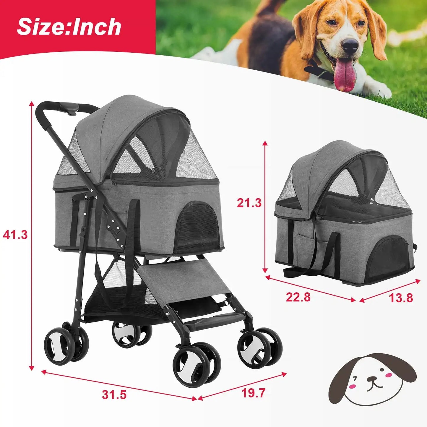 Pet Stroller Premium 3-in-1 Multifunction Jogger Stroller for Medium Small Dogs Cats Folding Lightweight with Detachable Carrier