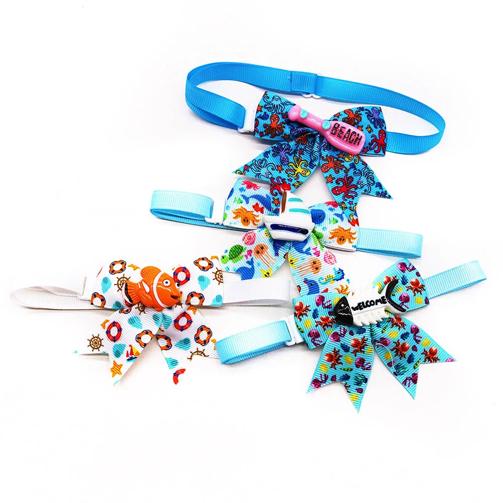 10PCS Pet Collar Beach Party Dog Bow Tie Puppy Collar Adjustable Necktie With Cartoon Doll For Dogs Pet Grooming Accessories