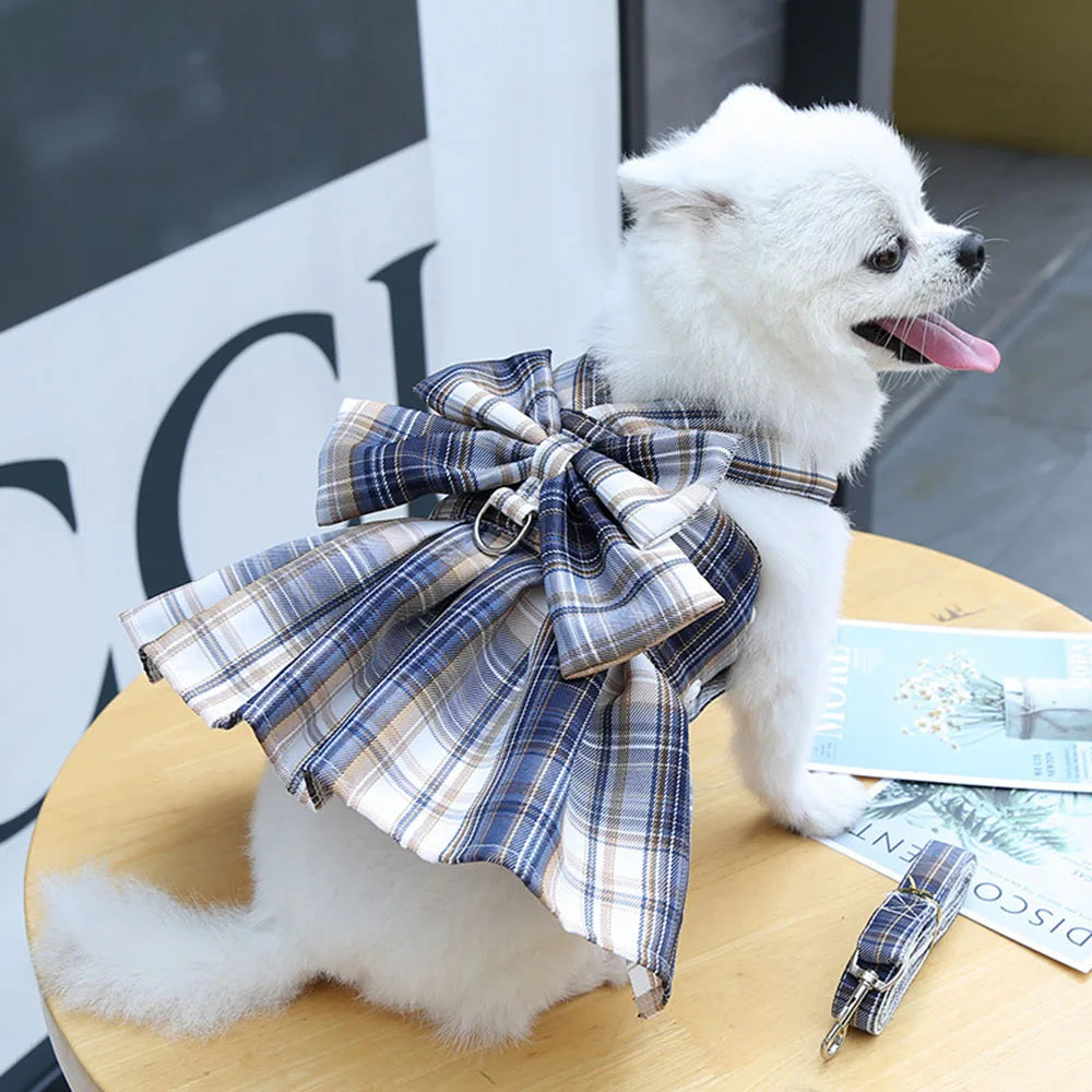 Dog Dresses for Small Dogs Girl Plaid Dog Dress Bow Tie Harness Leash Set Puppy Cute Bow Skirt Pet Outfits Yorkie Accessories