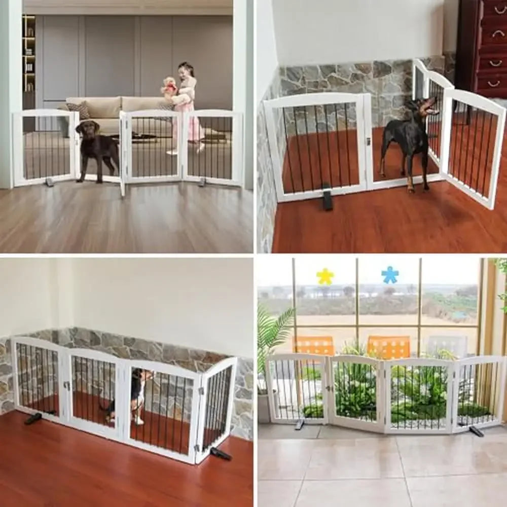 Freestanding Wooden Pet Gate with Lockable Door Foldable Indoor Dog Fence House Doorways Stairs Room Divider and Safety Fence