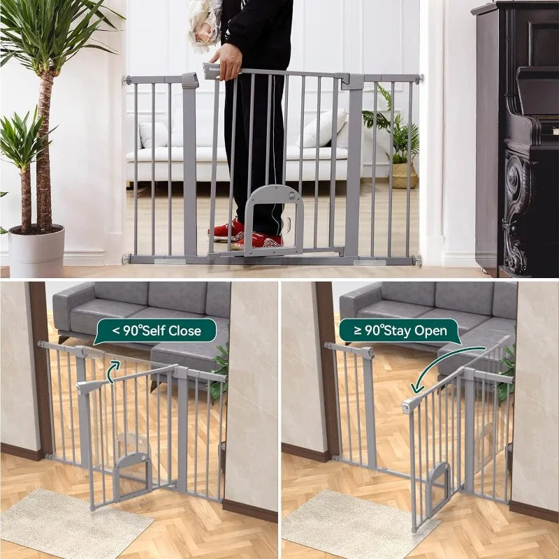 Baby Gate with Adjustable Cat Door, 29-43" Auto Close Durable Dog Gate for Stairs, Doorways and House,