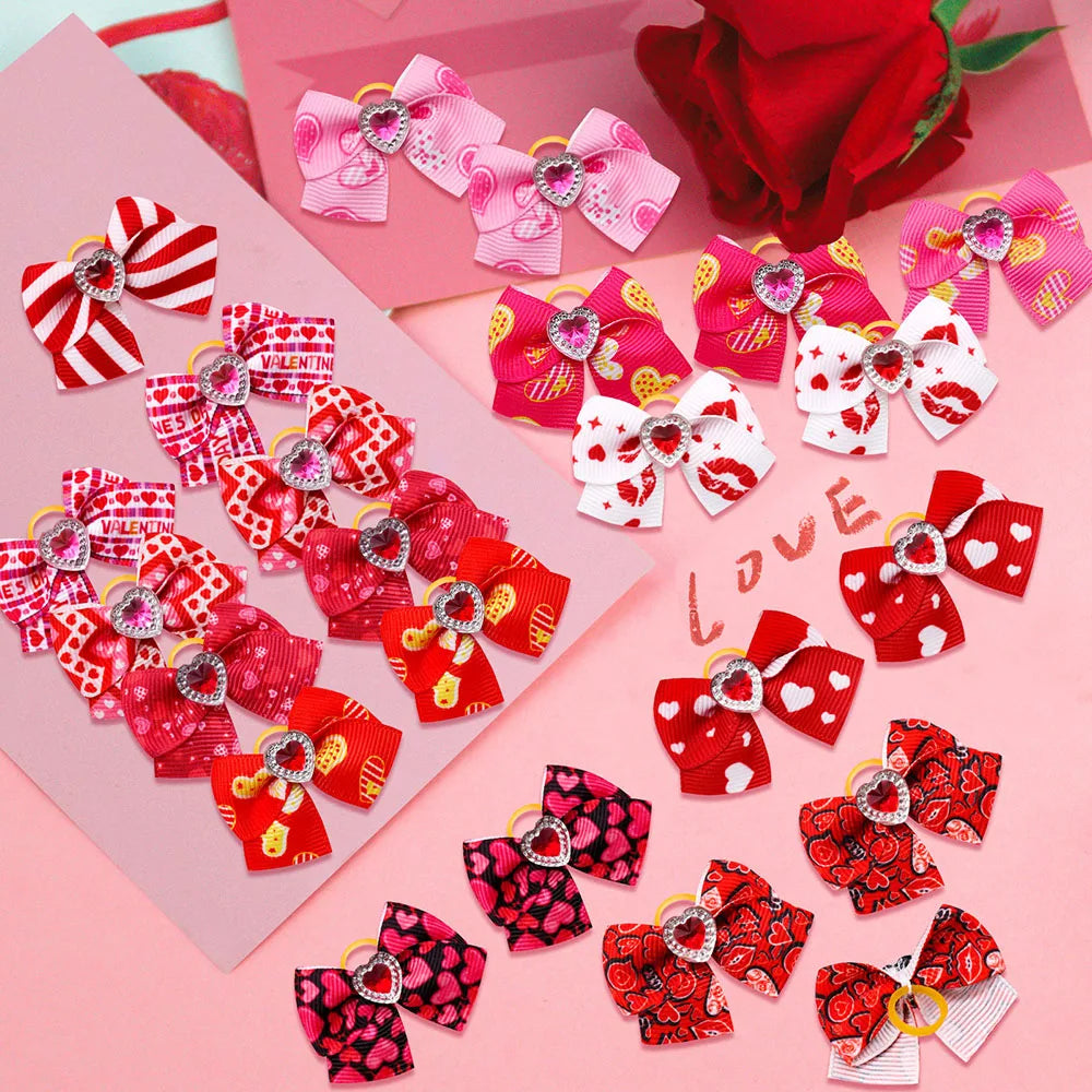 20PCS Red/Pink Series Dog Bows Valentine's Day Bows for Dogs Cute Cat Dog Bows for Rubber Band Pet Hair Bowknot Dog Accessories