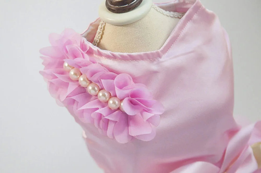 Pet Small Dog Wedding Dress with Bowknot Birthday Party Costume Satin Rose Pearls Girl Formal Dress for Puppy Dog Cat Tutu Dress