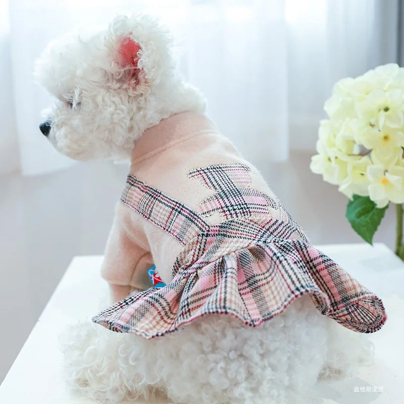 1PC Pet Clothes Cat Autumn/Winter Thick Bear Hug Pink Plaid Princess Dress Suitable for Small and Medium Dogs