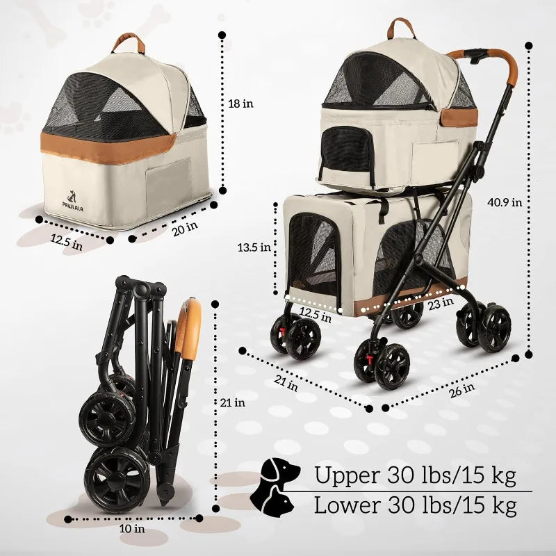 Double Pet Stroller with Detachable Carrier Ideal for 2 Dogs or Cats Compact Convenient Design Easy Assembly Double Dog Stroller