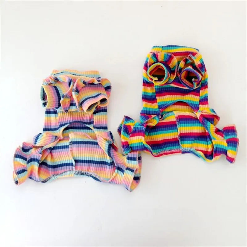 Rainbow Strip Puppy Clothes Cherry Pattern Dog Hoodies Jumpsuit Princess Pajamas For Small Medium Dogs Yorkshire Pet Cat Pyjamas