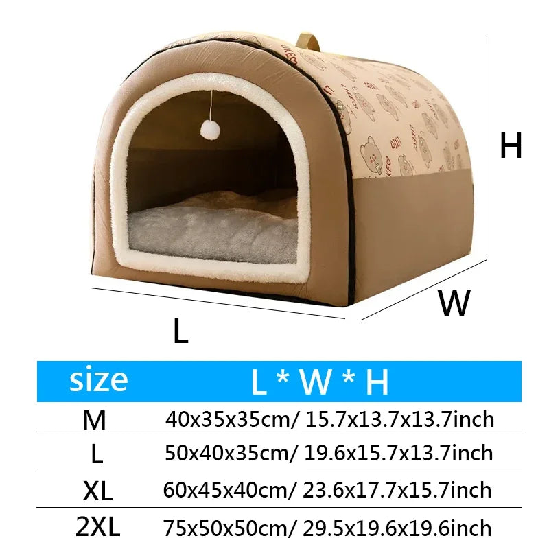 1PC Dog Cave 2 in 1 Detachable Covered Cat Bed with Ball Pendant Cat Hideaway House, Warm Washable Cozy Dog Beds for Large Dogs