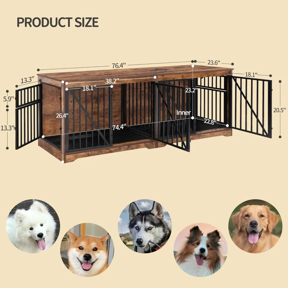 76.4" Dog Crate Furniture with Divider for 2 Dogs