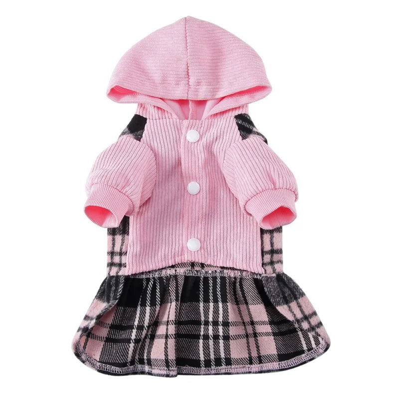 Plaid Dog Hoodie Dress Warm Soft Dog Sweater Skirt Outfit with Hat Autumn Winter Pet Coat Clothes for Small Medium Puppy Outfits