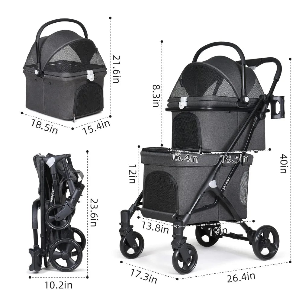 Double Pet Stroller for 2 Small Dogs or Cats Lightweight Foldable Double Dog Stroller with Detachable Carrier for Travel Camping