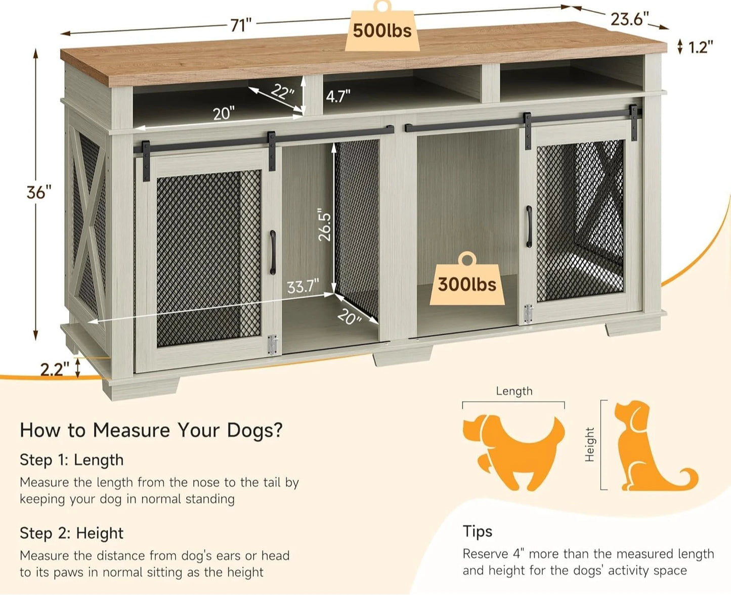 71" Dog Crate Furniture, Extra Large Wooden Double Dog Crate , Furniture Style Dog Crate Table Indoor TV Stand , White