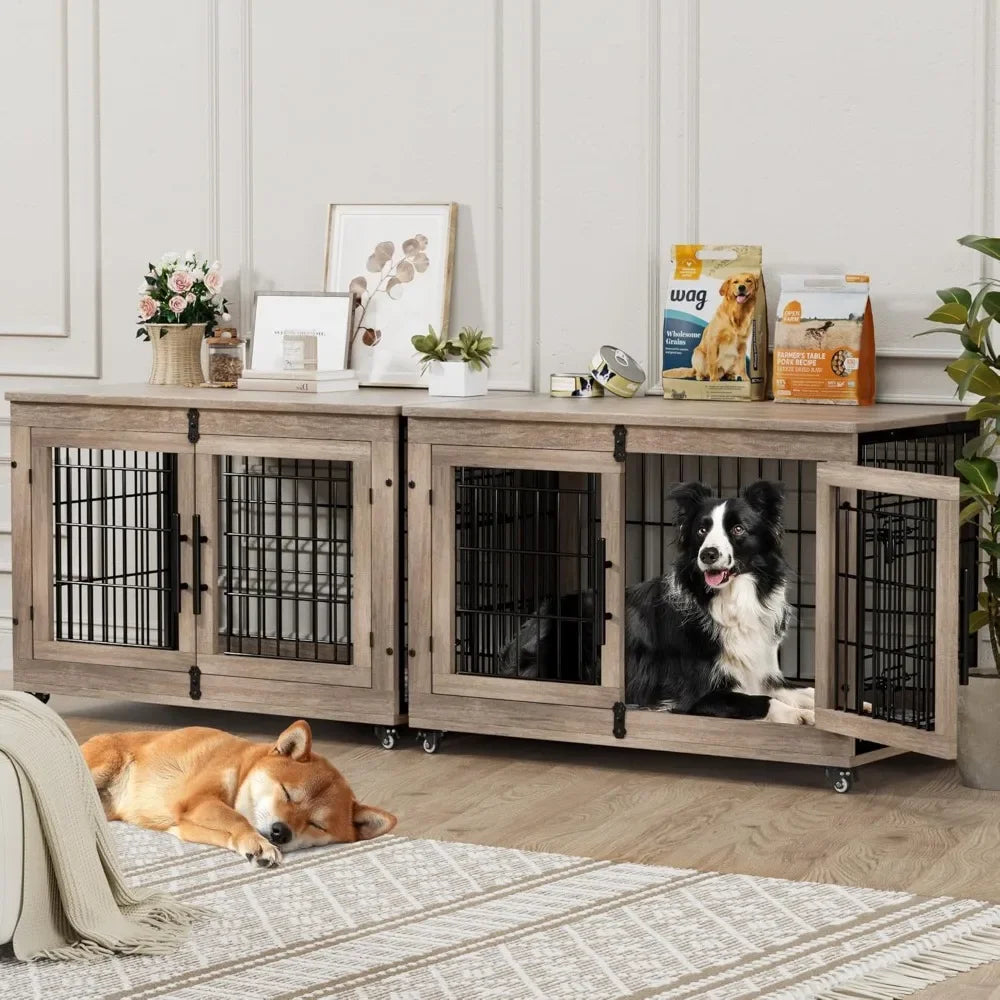 Dog Crate Furniture with Cushion , Large Wooden Dog Kennel Indoor with Double Doors,  Cage with Wheels, House