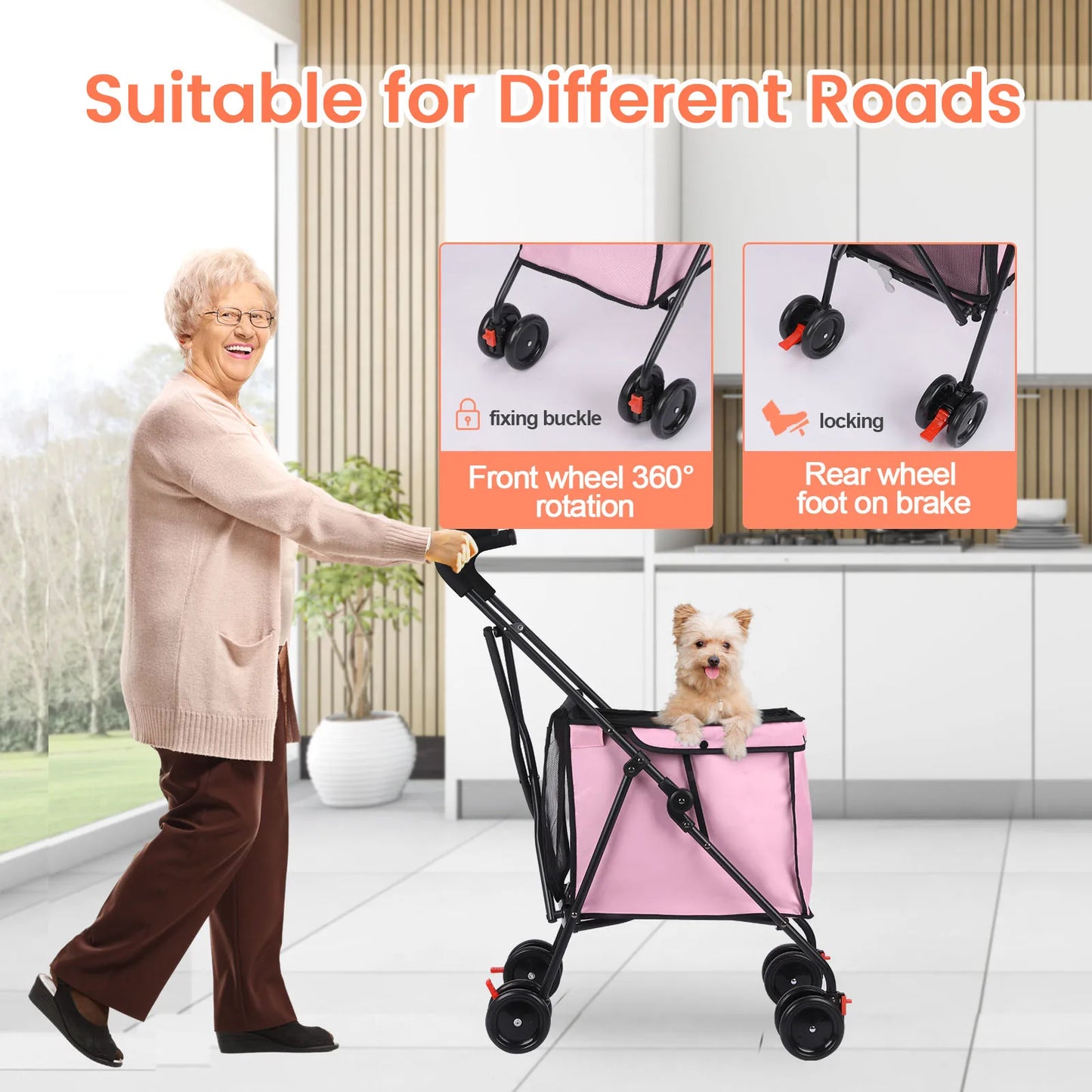 33lbs 4 Wheels Dog Stroller Rotate Pink  Pet Puppy Stroller Holder for Dogs Cat Travel Hand Cart Folding Shopping Trolley