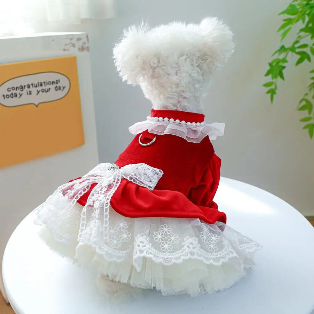 Dog Princess Dress with Bow Tie, Lace Trim, Mesh Stitching, Clothes for Small Dogs, Chihuahua