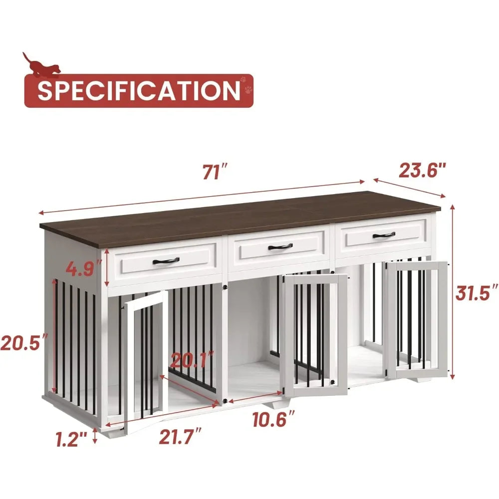 Dog Crate Furniture for Large Medium Small Dogs, 71 Inch Wooden Large Dog Kennel with Drawers, 3 Rooms & Removable Dividers