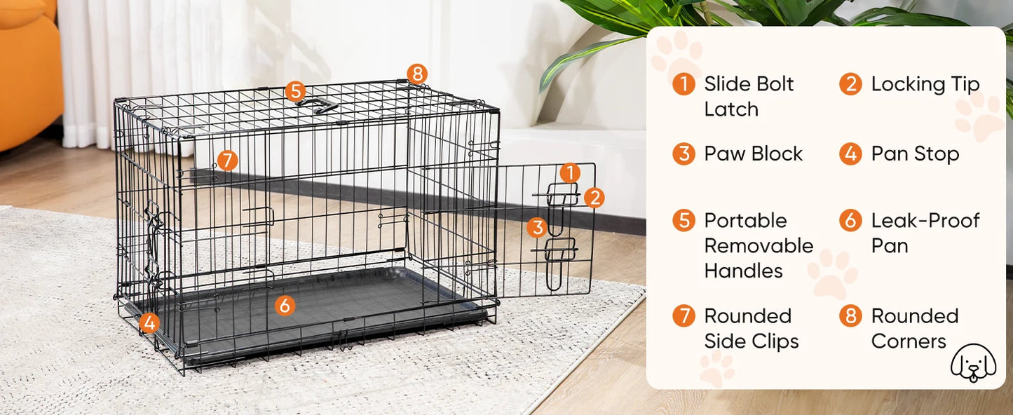 JHK Double Door Folding Metal Wire Dog Cage with Plastic Leak-Proof Pan Tray Extra Large Pet Kennel for Indoor Outdoor Travel