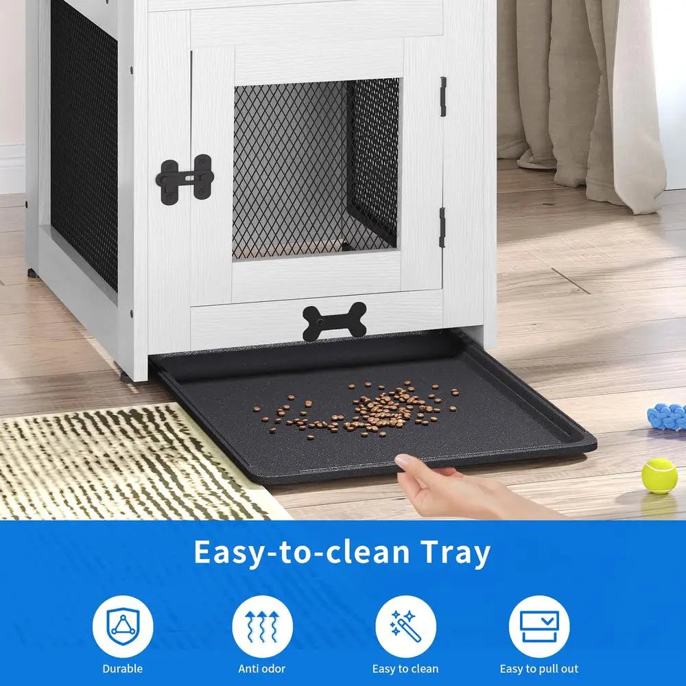 Wooden Dog Kennel End Table Crate Furniture USB Charger Small Dogs Indoor White Safe Stable Cleaning Tray Diamond Iron Mesh Dual