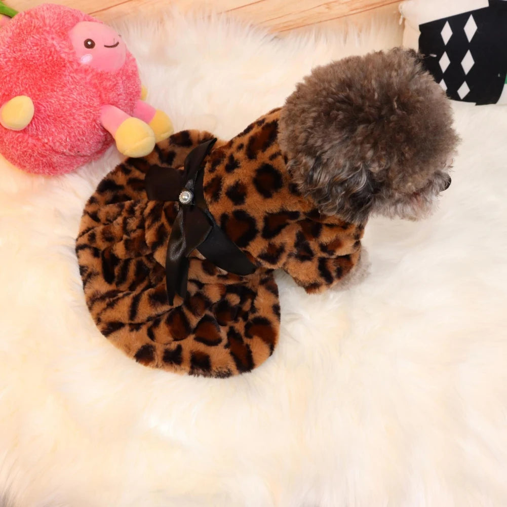 Winter Pet Clothes Elegant Luxury Fur Dress Warm Overcoat Small Dog Cat Clothes Bowknot Leopard Chihuahua Princess Party Dress