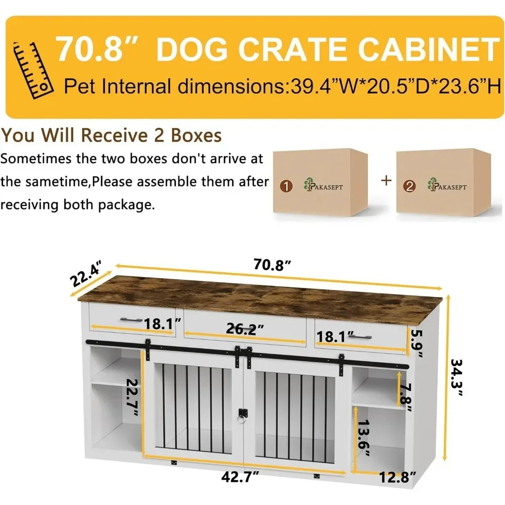 Large Dog Crate Furniture, 70.9" Dogs Crate Kennel with 3 Drawers and Divider, Indoor Extra Large Dog Kennel Furniture TV Stand