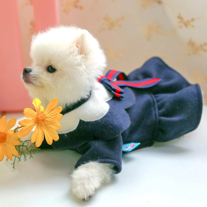 1PC Pet Clothes Cat Autumn/Winter Thickened Petal Collar Bow Princess Dress Navy Blue Suitable for Small and Medium Dogs