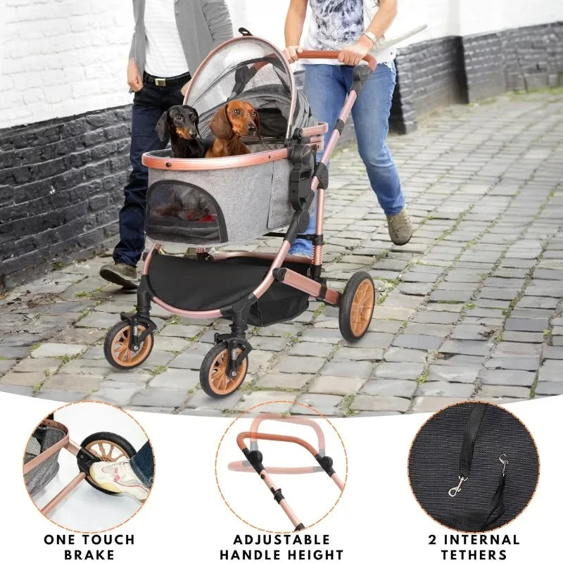 Pet Stroller with 4 Wheels Foldable Pet Travel Carrier for Small/Medium Dogs Cats up to 50lbs Detachble Portable Pet Bag