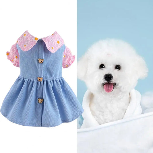 Adorable Pet Princess Dress with Cute Bear Button Soft Comfortable Breathable Cat Dog Dress for Spring Autumn