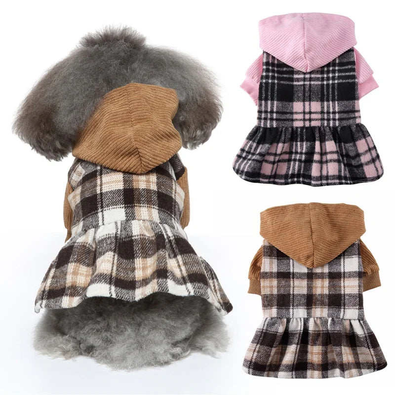 Plaid Dog Hoodie Dress Warm Soft Dog Sweater Skirt Outfit with Hat Autumn Winter Pet Coat Clothes for Small Medium Puppy Outfits