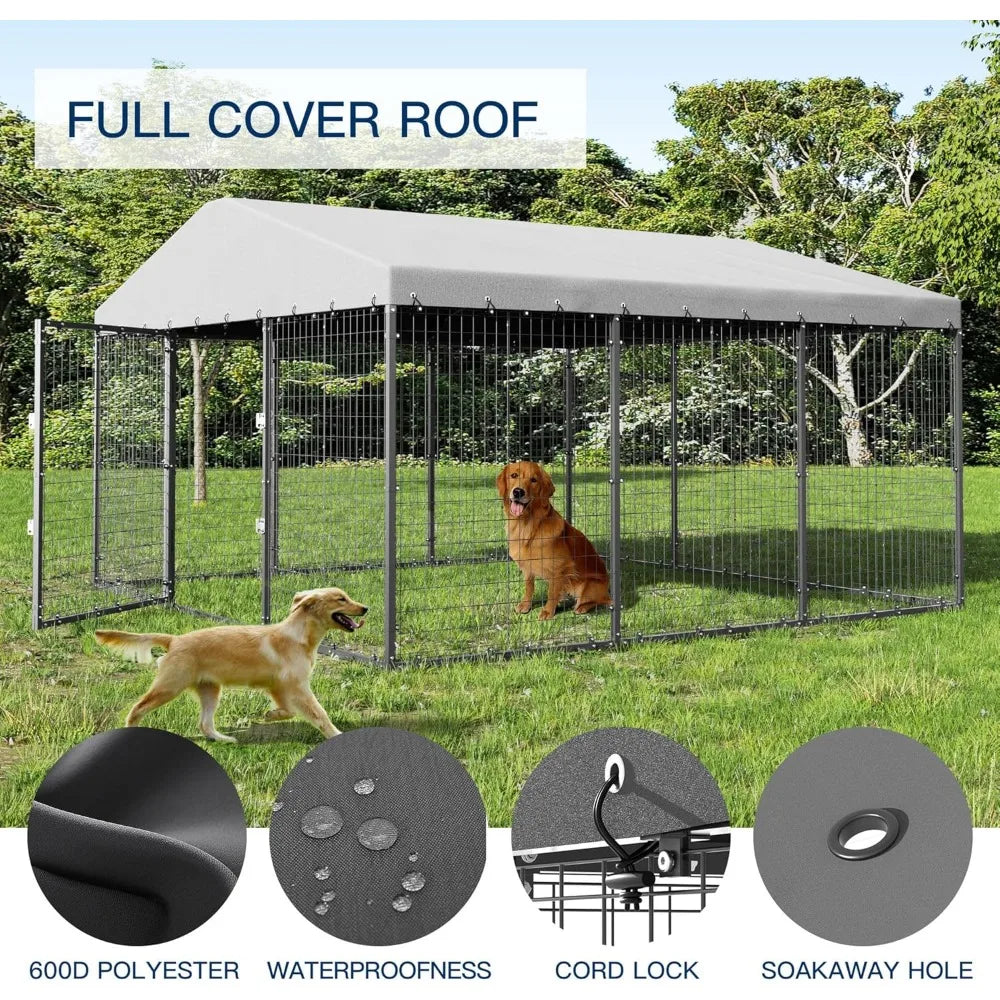 Large Outdoor Dog Kennel,Heavy Duty Dog Cage with Roof,Galvanized Steel Dog Kennel Fence with Double Safety Locks,Large