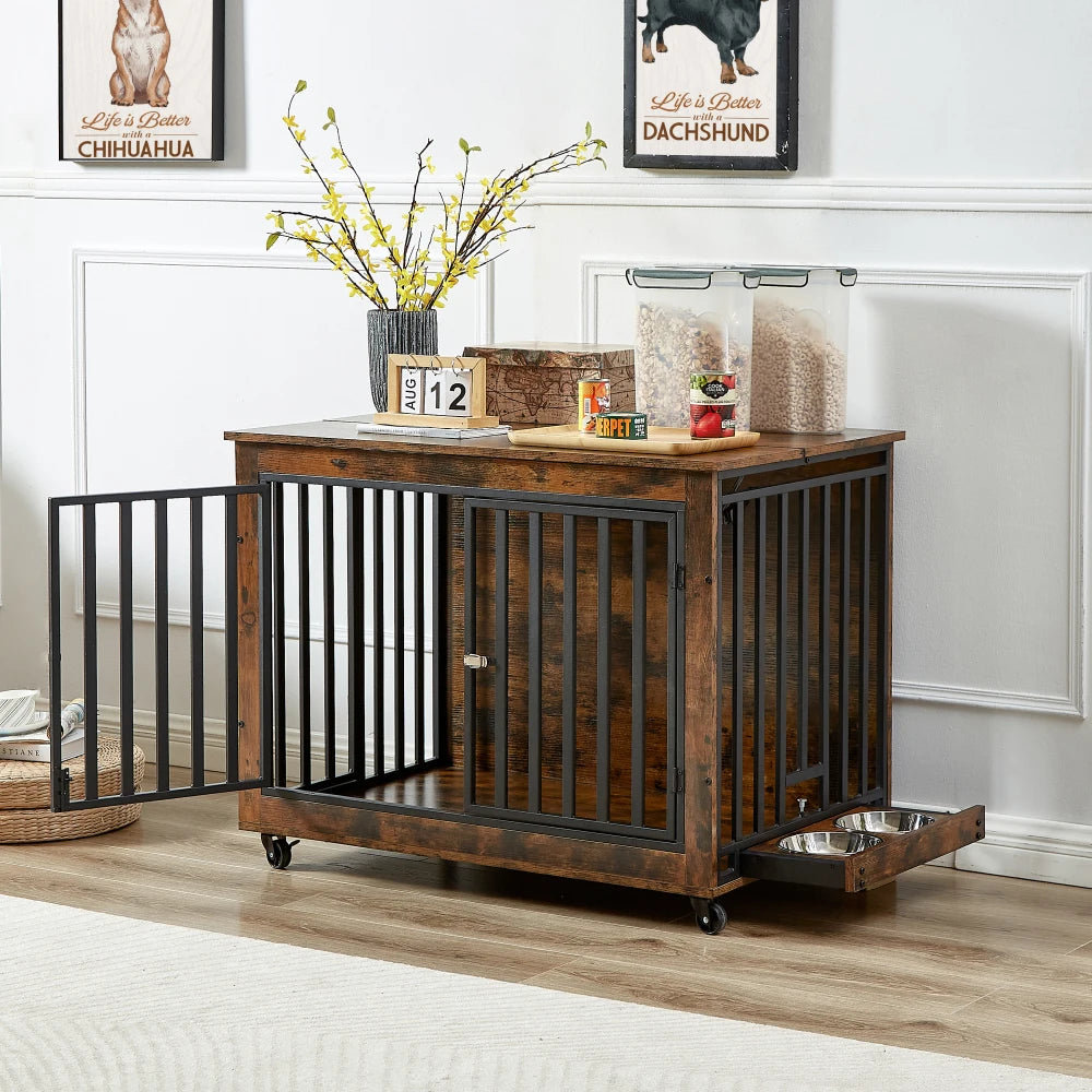 Furniture Style Dog Crate Side Table With Feeding Bowl Three Doors Flip-Up Top Opening Indoor Grey 38.58"W x 25.2"D x 27.17"H