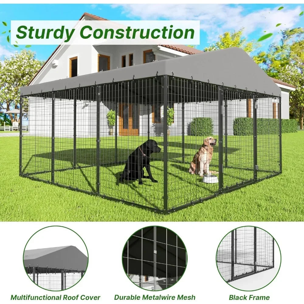 Large Outdoor Dog Kennel, Heavy Duty Dog Cage with Roof, Steel Dog Kennel with Waterproof UV-Resistant W 118" X D 118" X H 70.9"