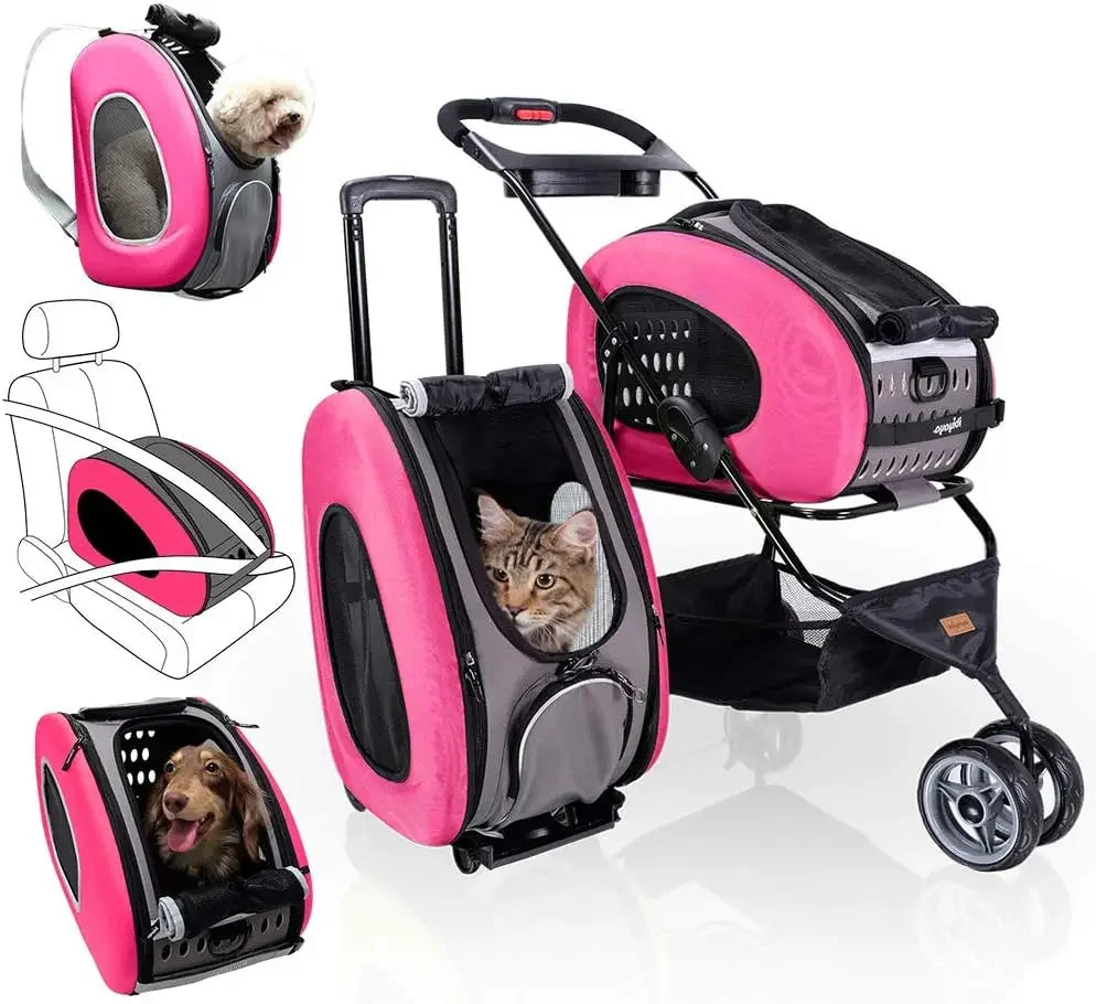 Pet Car, Five in One Convertible and Foldable Small - Multifunctional Combination - 16 Pound Pet - Pink, Cat and Dog Pet Car