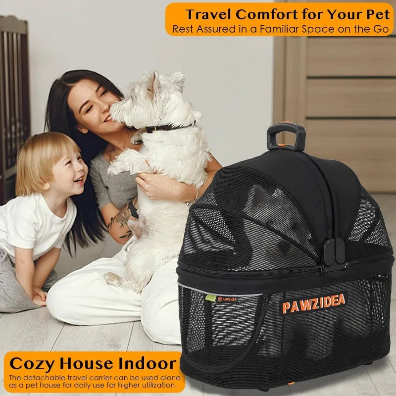 PAWZIDEA Dog Stroller 4 in 1, Pet Stroller for Cats with Detachable Carrier for Small/Medium Dogs/Cats, Seatbelt Car Seat Combo