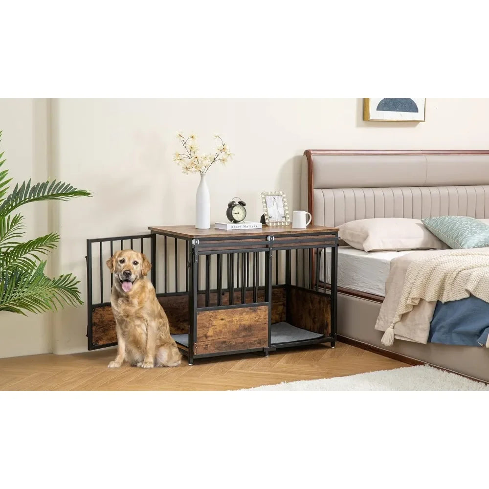 40 Inch Dog Crate Furniture with Cushion for Large Medium Dogs, Wooden Heavy Duty Dog Kennel with Double Doors, Decorativ