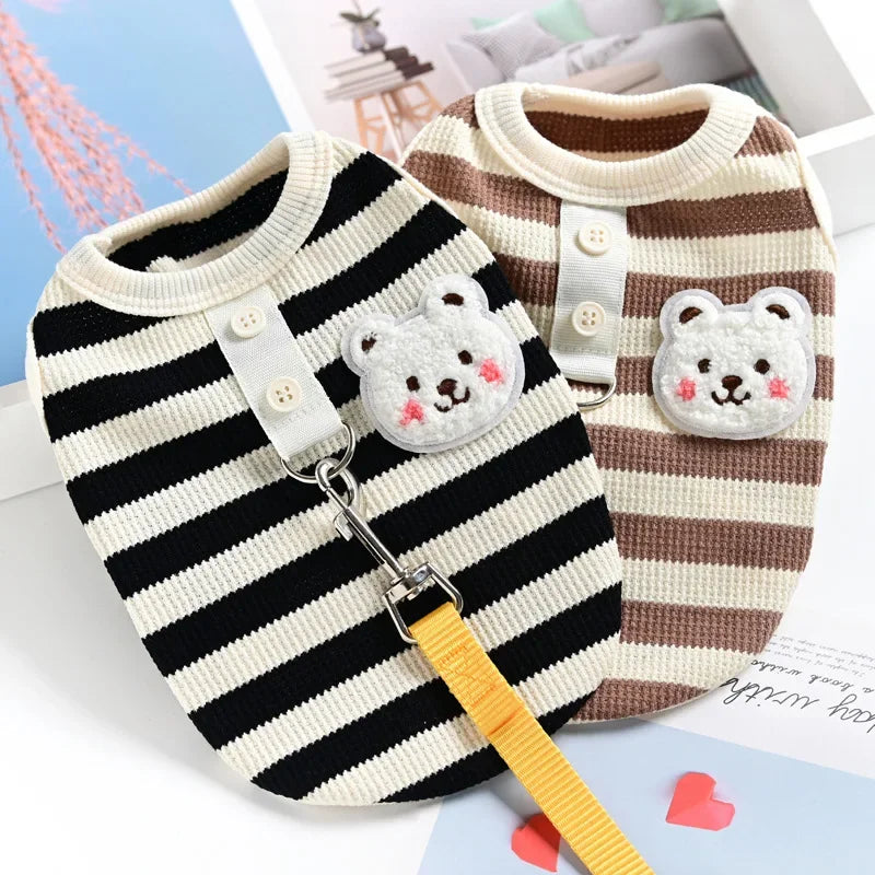 Pets Cat and Dog Clothes, Waffle Grid Vest for Spring/Summer, Striped T-Shirt with Leash for Small Dogs, Summer Outfit