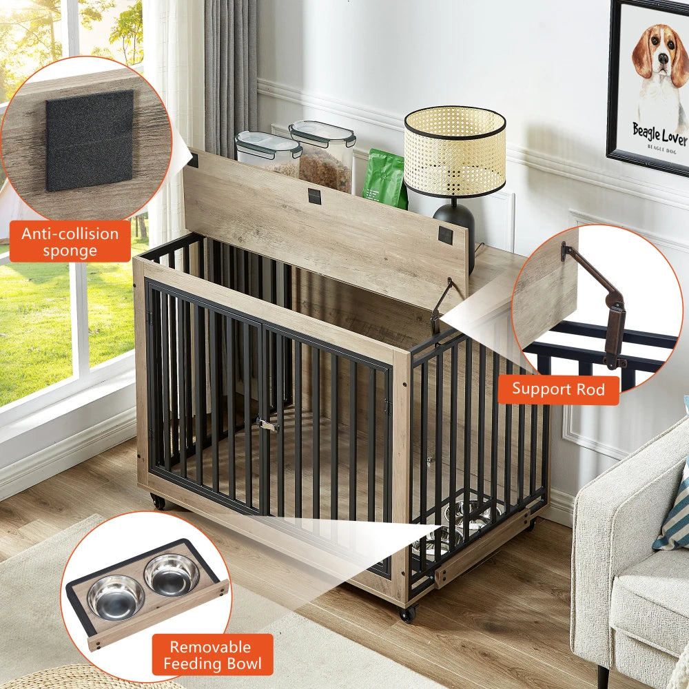 Furniture Style Dog Crate Side Table With Feeding Bowl Three Doors Flip-Up Top Opening Indoor Grey 38.58"W x 25.2"D x 27.17"H